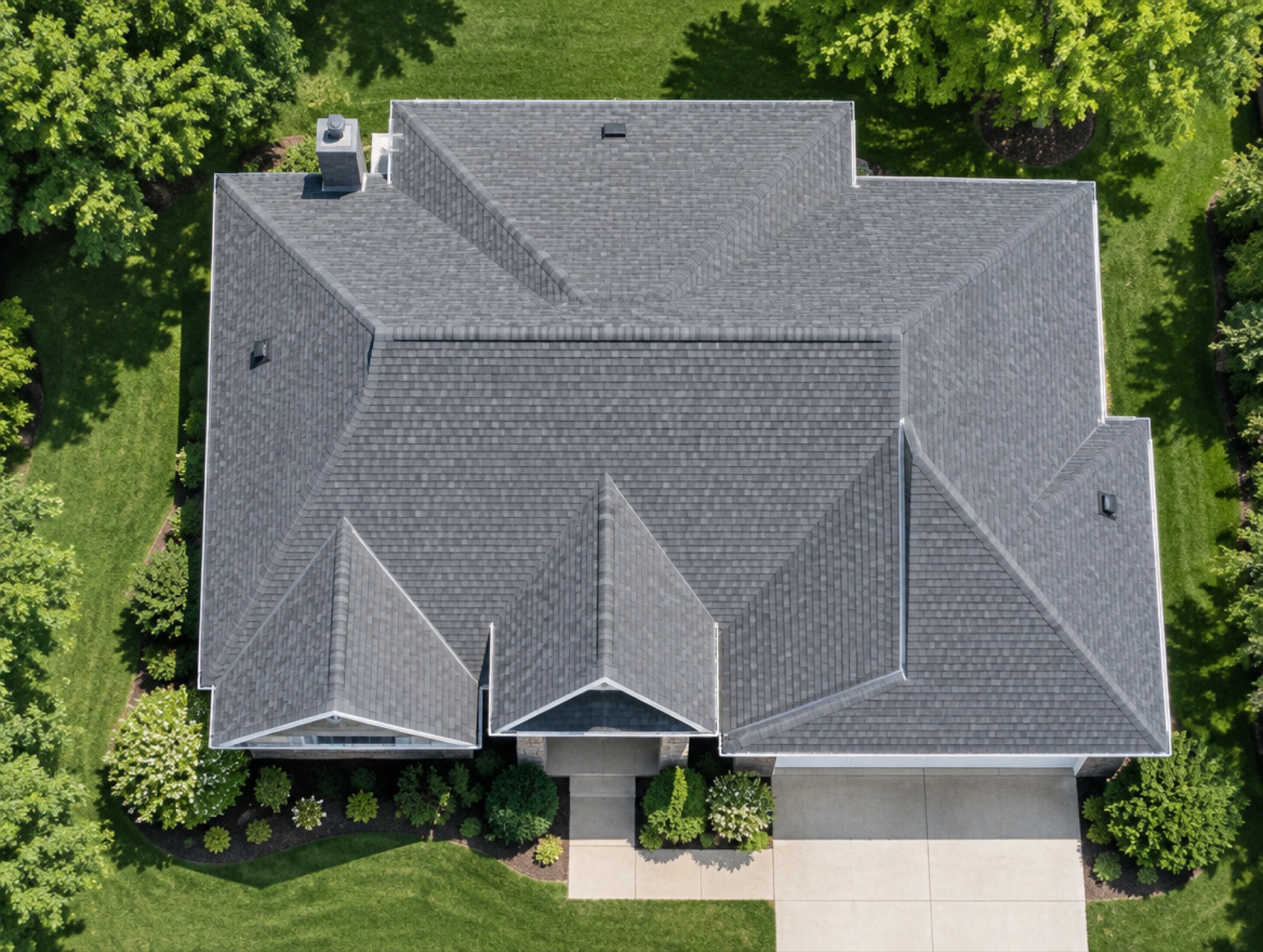 Aerial view of a finished new roof