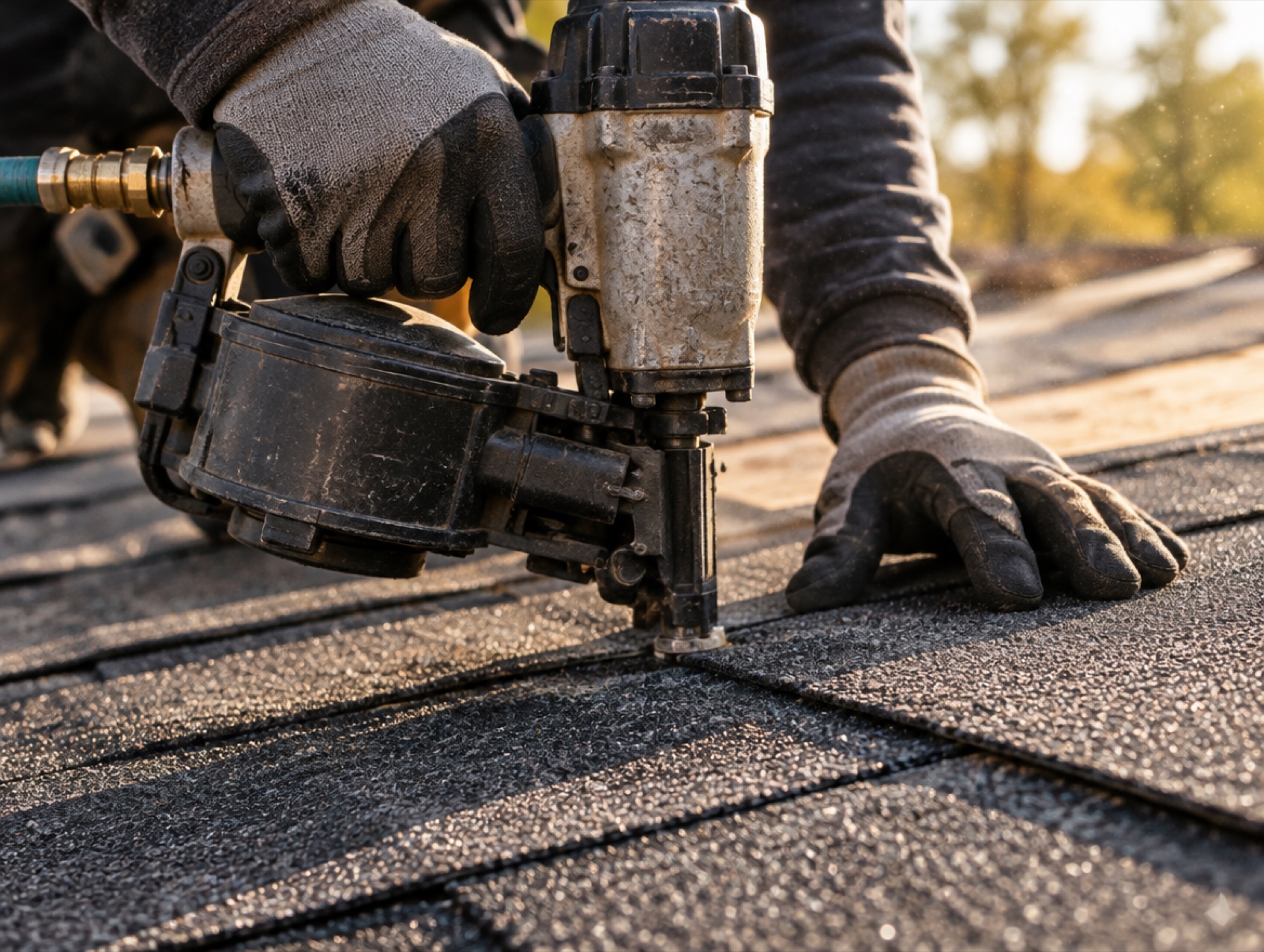 Roofer nailing a new shingle