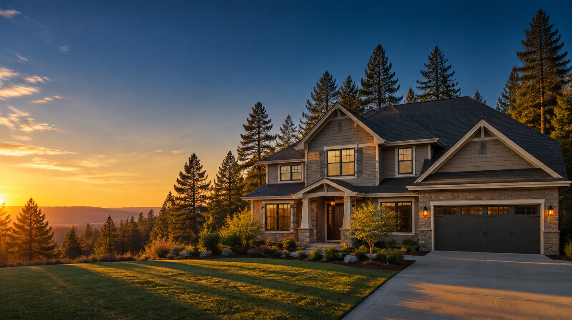 Craftsman house with a new charcoal shingle roof at sunset